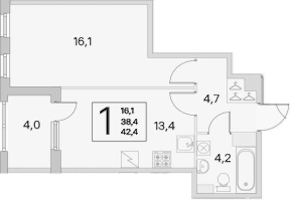 1-комнатная квартира 38.4 м², 5/5 эт., ЖК «ЮгТаун. Олимпийские кварталы»